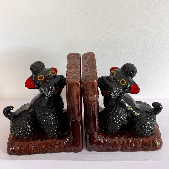 Vintage Black Poodle Bookends 1950's - MCM Kitsch High Gloss Poodles - Picture 1 of 14